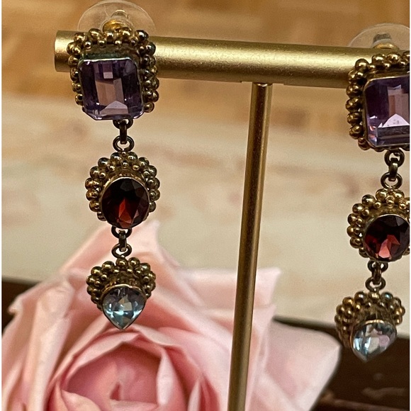 Vintage amethyst, garnet and blue topaz earrings set in gold plated SS. - Picture 3 of 7